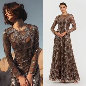 NWT Mac Duggal‎ Brown Embellished Long Sleeve High Neck Evening Gown $698 Size 6